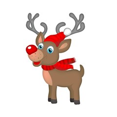 xmas reindeer with red scarf and cap on snowflakes background
