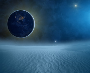 Earth, sunrise and stars as seen from the lunar surface.