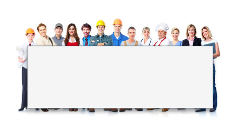 Workers team with banner