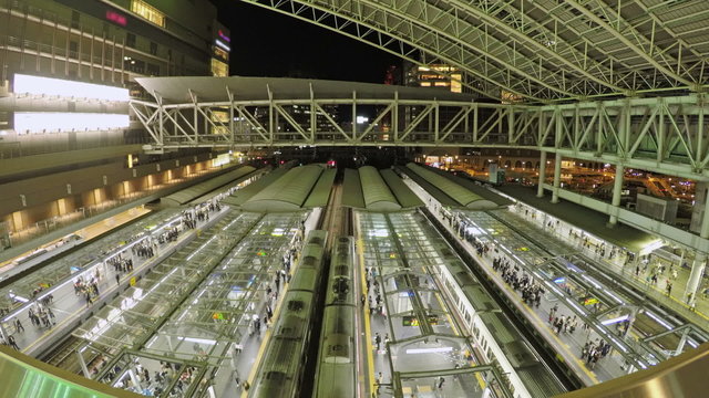 Timelapse video of trains and commuters in a railway station
