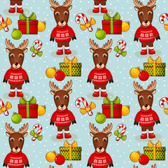 Christmas seamless background with deers. Vector pattern.