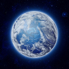 global World in space, Blue Planet Earth with some clouds and stars in the dark sky. Elements of...