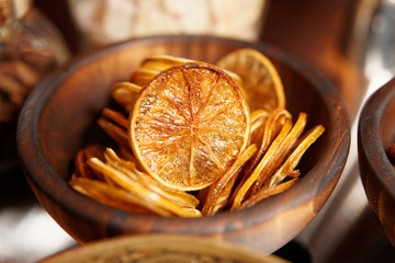 Dried lemon used as cocktail decoration