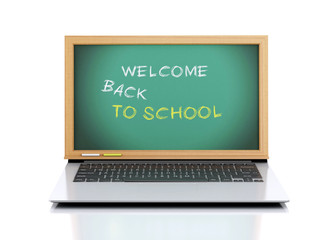 Laptop with chalkboard. welcome back to school concept. 3d illus
