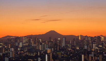 Naklejka premium Tokyo city in evening with Tokyo sky tree and Fuji mountain