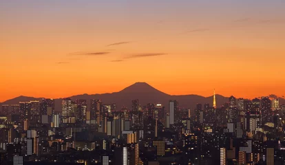 Tuinposter Tokyo city in evening with Tokyo sky tree and Fuji mountain © torsakarin