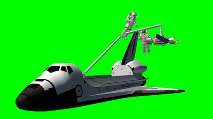 Space Shuttle Astronauts work at a satelite - green screen