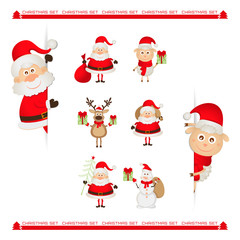 Santa Claus, reindeer, snowman, Christmas characters set