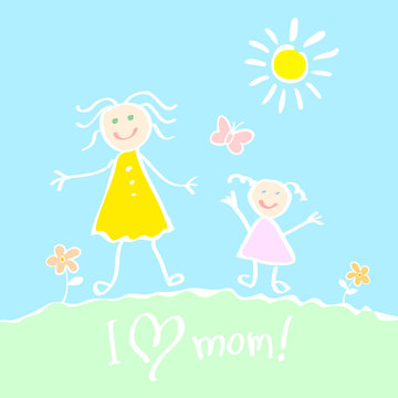 Kids Drawing. The Mother's Day vector heart happy