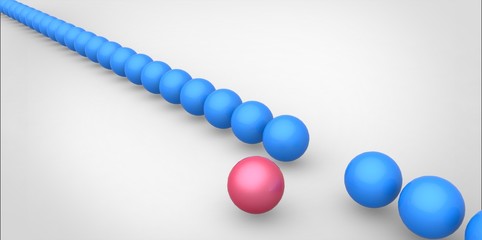 Many identical 3d blue spheres and only one pink