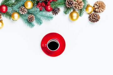 Cup of coffee on a white table.