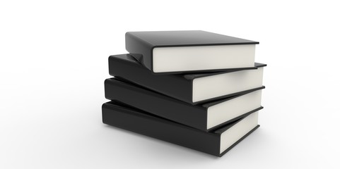 Four twisted black cover books on plain background