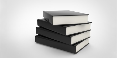 Four twisted black cover books on plain background