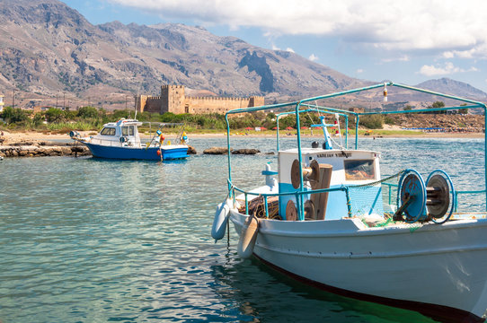 Fishing boats in front of the venetian Fortress Frangokastello