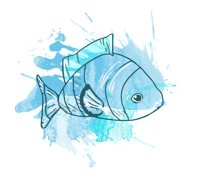 watercolor illustration. blot watercolor. fish