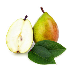 Pear and Half with Green Leaves Isolated on White Background.
