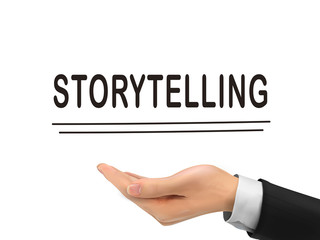 storytelling word holding by realistic hand
