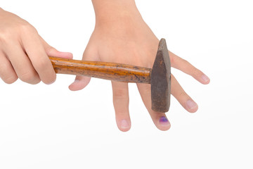 hand with  Bruised Nail,  Isolated on white background
