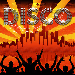 Disco poster red city skyline sunburst