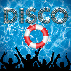Disco poster lifebuoy pool party - obrazy, fototapety, plakaty