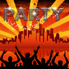 Party poster red city skyline sunburst - obrazy, fototapety, plakaty