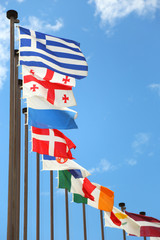 international flags against the sky
