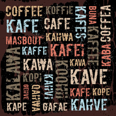 Poster, decorative panels labeled coffee in different languages.