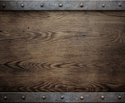 old wood background with metal frame