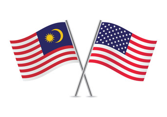 American and Malaysian flags. Vector illustration.
