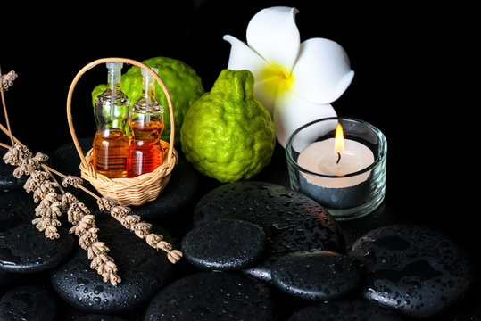 Aromatic Spa Concept Of Bottles Essential Oil, Bergamot Fruits,