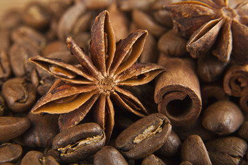 grains of coffee and seasoning