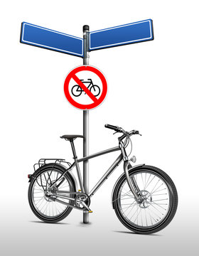 Fahrrad, Bike  mit Wegweiser und Radfahren verboten-Schild