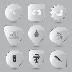 thermometer, pharma symbol, glass with tablets, lab microscope,