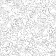 Black and white outline oak elements seamless pattern