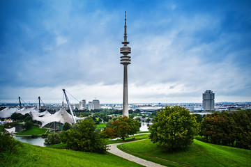 Olympic park with Olympic tower, Munich, Germany - obrazy, fototapety, plakaty