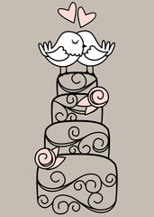  Hand Drawn Contemporary Wedding Cake and Love Birds