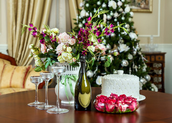 Festive decorated table in the interior before Christmas