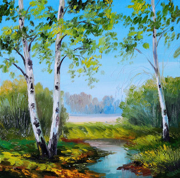 oil painting - birch in the field near the river