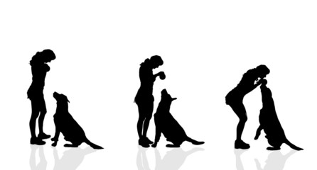 Vector silhouette of a woman with a dog.