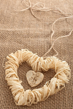 Valentines Day. Handmade Hearts from bark and straw