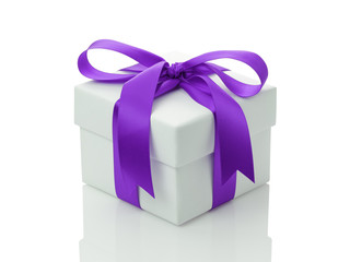 white gift box with purple ribbon bow