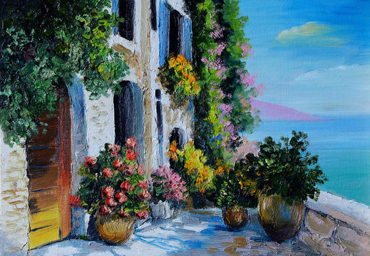 Oil Painting - stone embankment, filled with flowers near the se
