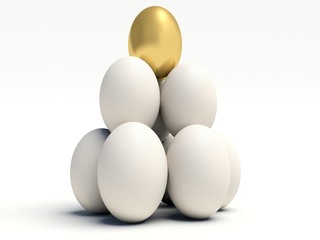 Pile of vertical white eggs with Golden egg on top.