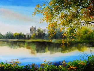 Oil painting landscape - castle near lake, tree over the water,