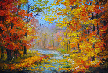 Fototapeta na wymiar Oil painting landscape - colorful autumn forest, with the trail,