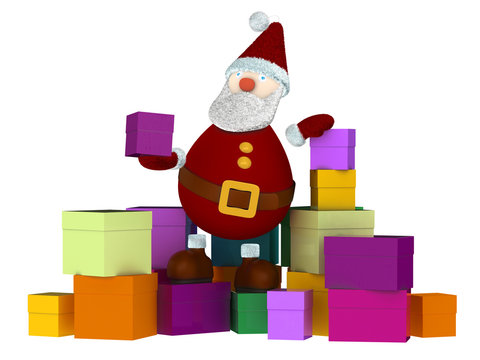 3D Santa Claus on a stack of colored boxes isolated on white