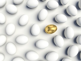 Golden egg among white eggs. 3d render illustration.