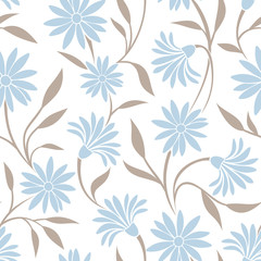 Seamless pattern with blue flowers and beige leaves. Vector.