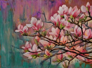 oil painting - sakura branch on abstract background, art drawing