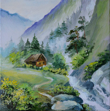oil painting - landscape in mountains, house in the mountains an